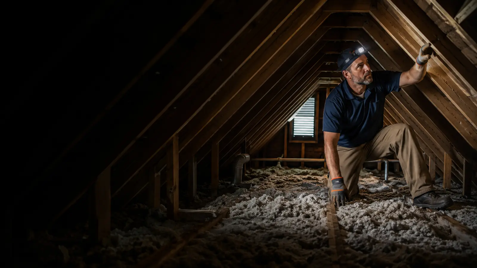 Home inspector examining roof framing in an attic