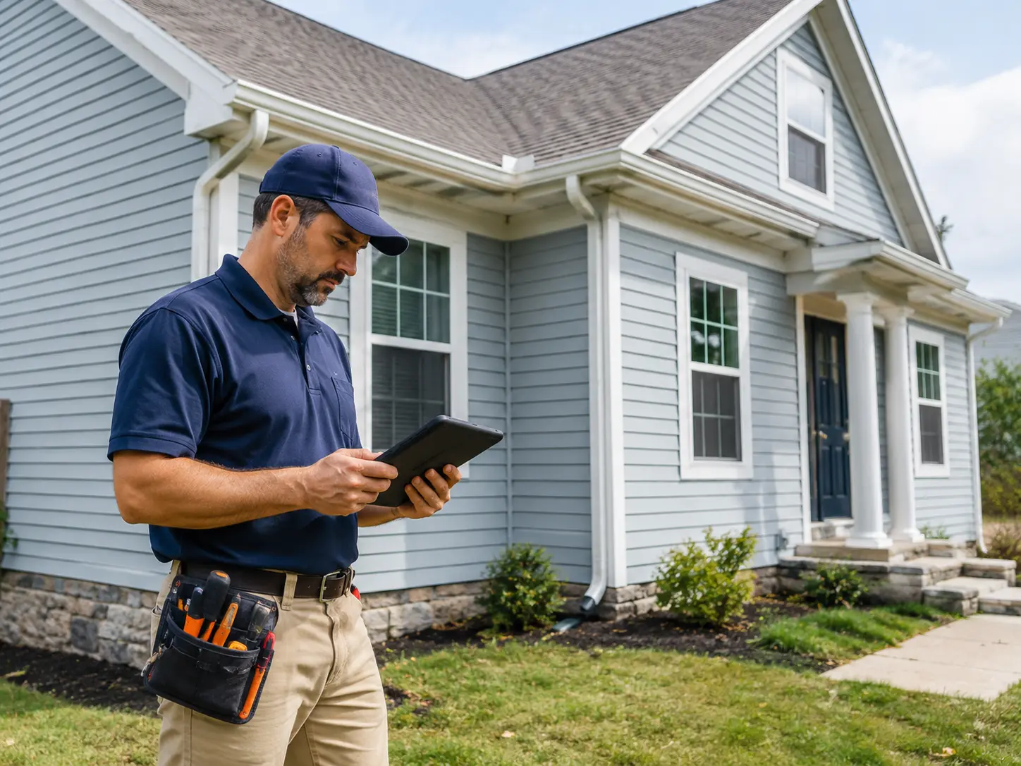 Home inspector reviewing a property exterior with a tablet